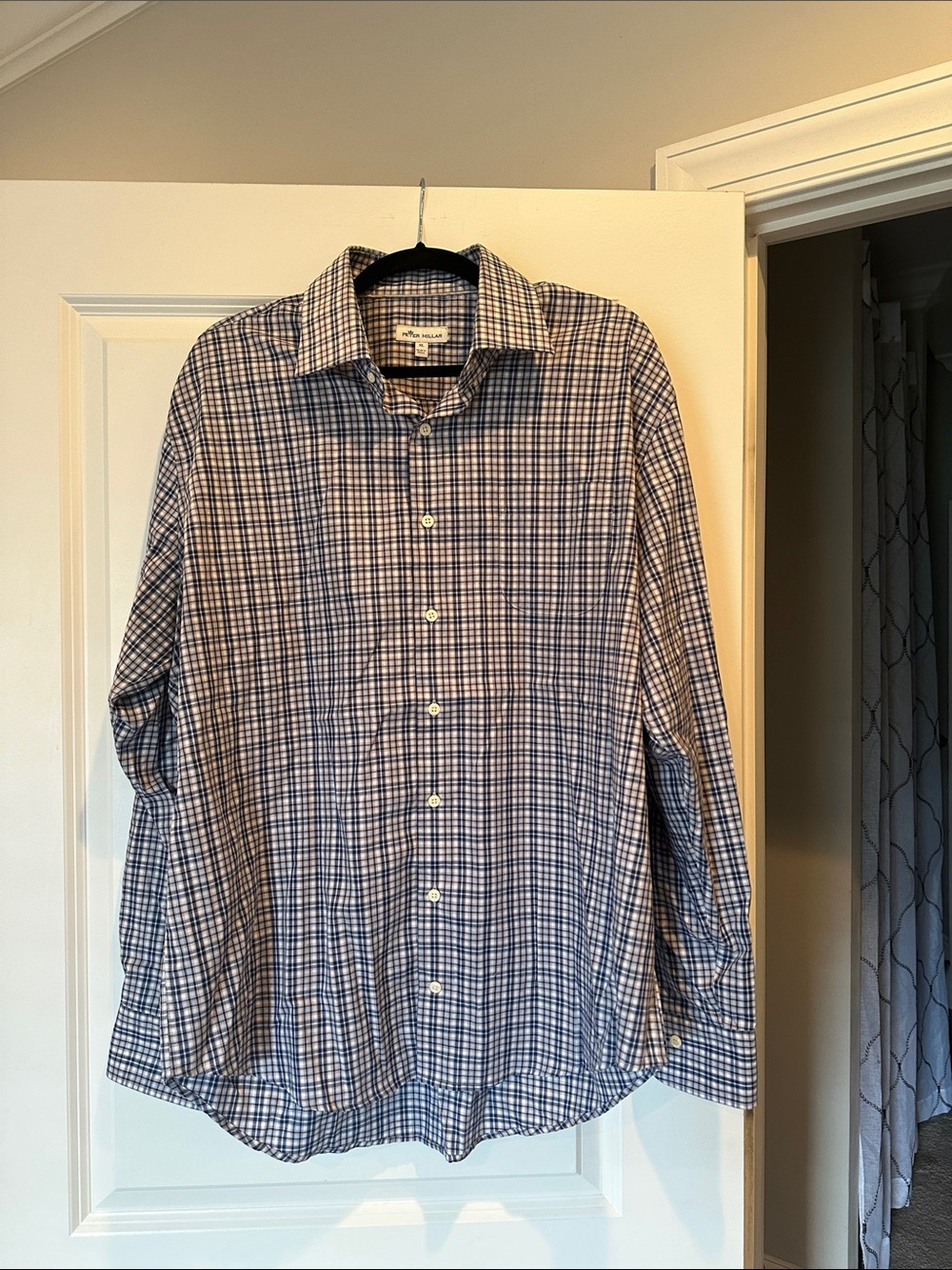 Peter Millar Button-Down Men's Check Shirt in Blue and White size xl